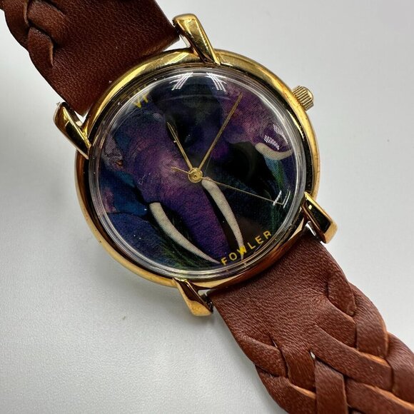 3/$30 Fowler Watch Women Gold Tone Purple Elephant Art Dial Braided Band - Picture 7 of 14
